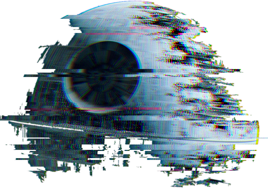 Glitched image of the incomplete Death Star, its exposed superstructure dissolving into corrupted scanlines